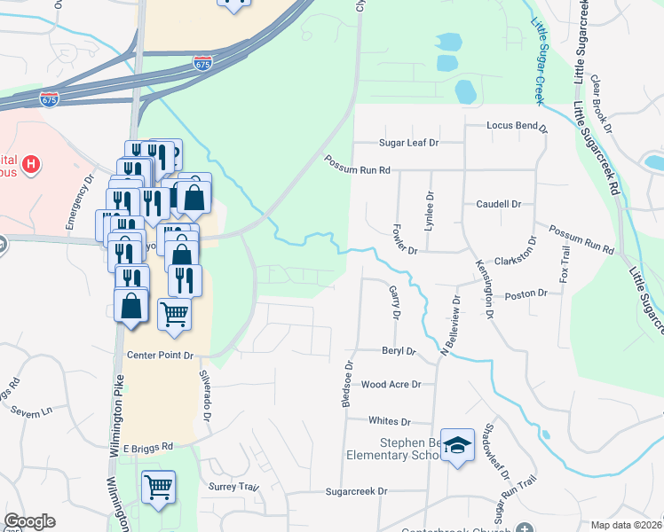 map of restaurants, bars, coffee shops, grocery stores, and more near 1641 Bledsoe Drive in Bellbrook