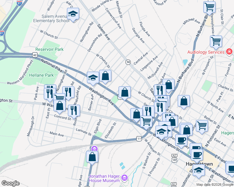 map of restaurants, bars, coffee shops, grocery stores, and more near 736 West Franklin Street in Hagerstown