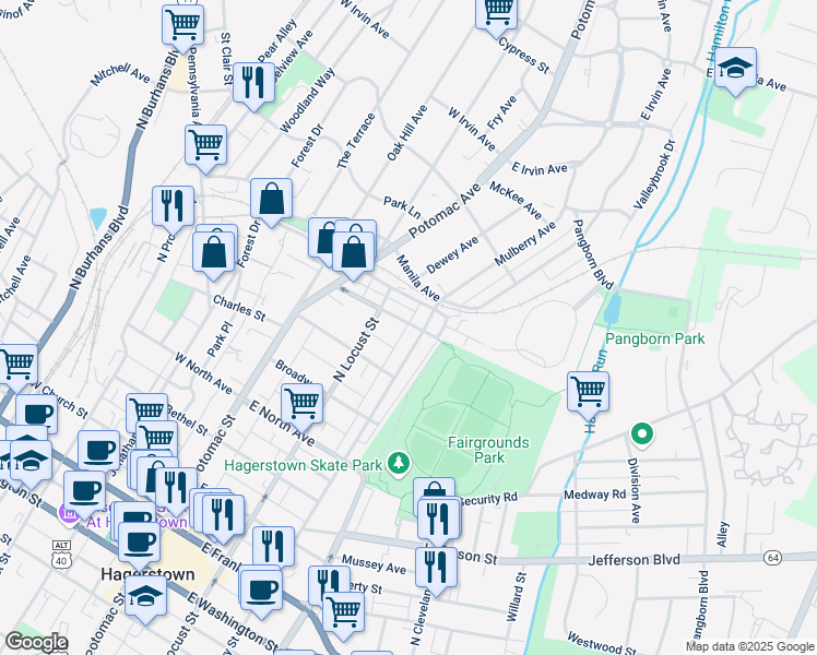 map of restaurants, bars, coffee shops, grocery stores, and more near 131 Fairground Avenue in Hagerstown