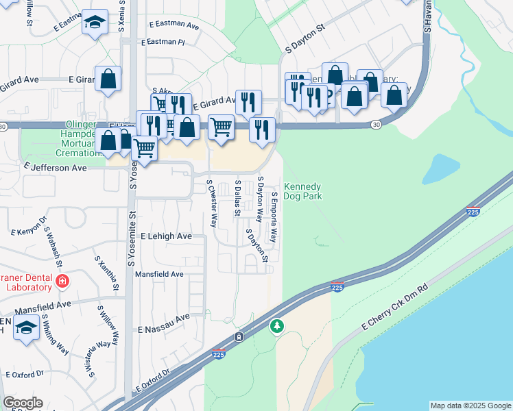 map of restaurants, bars, coffee shops, grocery stores, and more near 3729 South Dayton Way in Aurora
