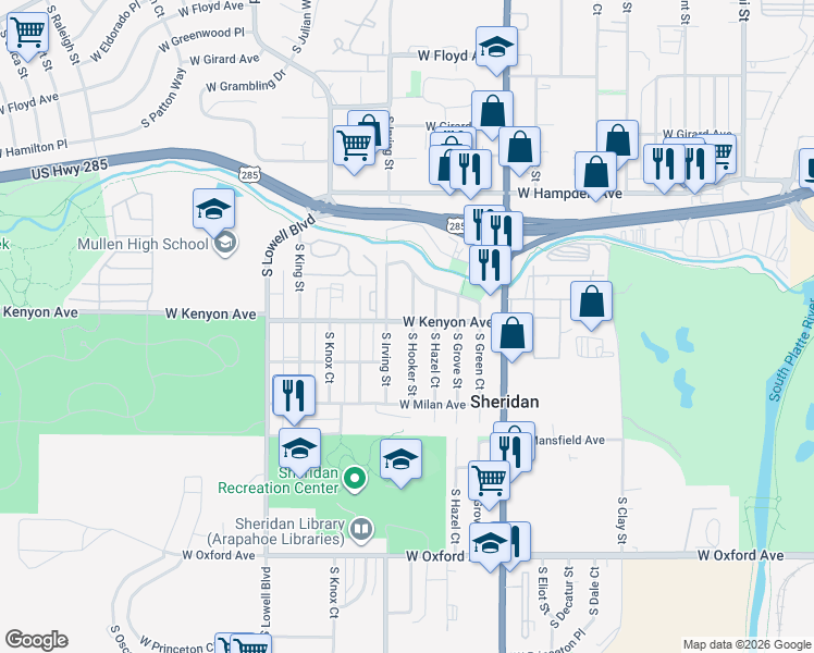 map of restaurants, bars, coffee shops, grocery stores, and more near 3690 South Hooker Street in Englewood