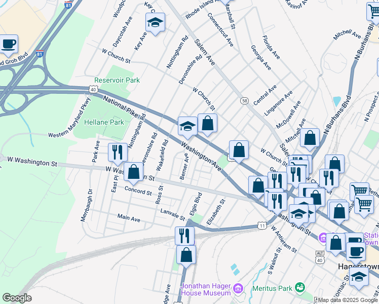 map of restaurants, bars, coffee shops, grocery stores, and more near 921 Washington Avenue in Hagerstown