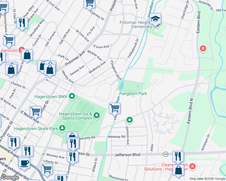 map of restaurants, bars, coffee shops, grocery stores, and more near 779 Monet Drive in Hagerstown