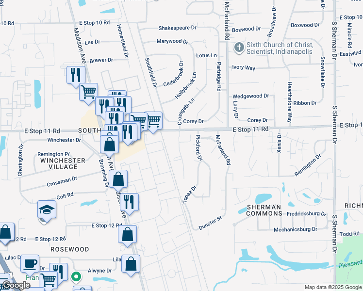 map of restaurants, bars, coffee shops, grocery stores, and more near 8055 Crossing Drive in Indianapolis