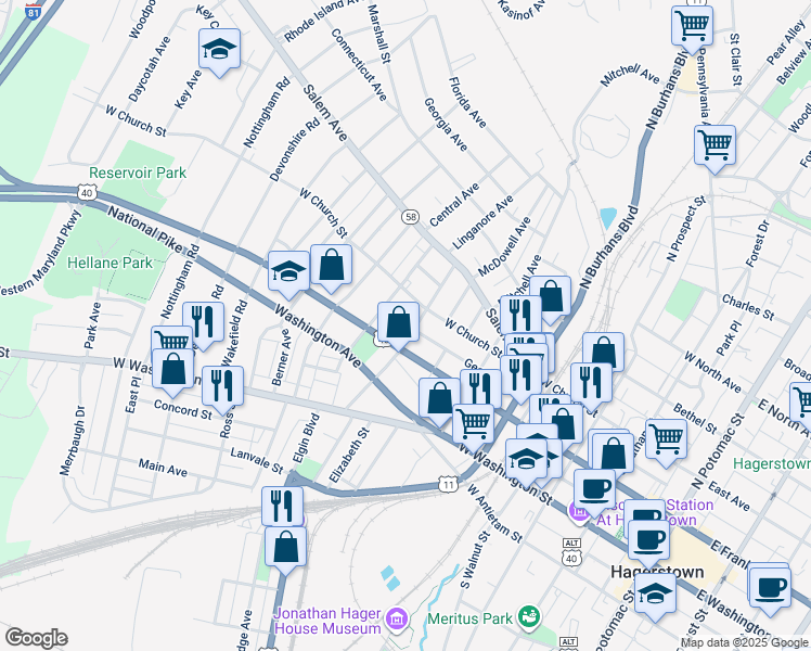 map of restaurants, bars, coffee shops, grocery stores, and more near 721 George Street in Hagerstown