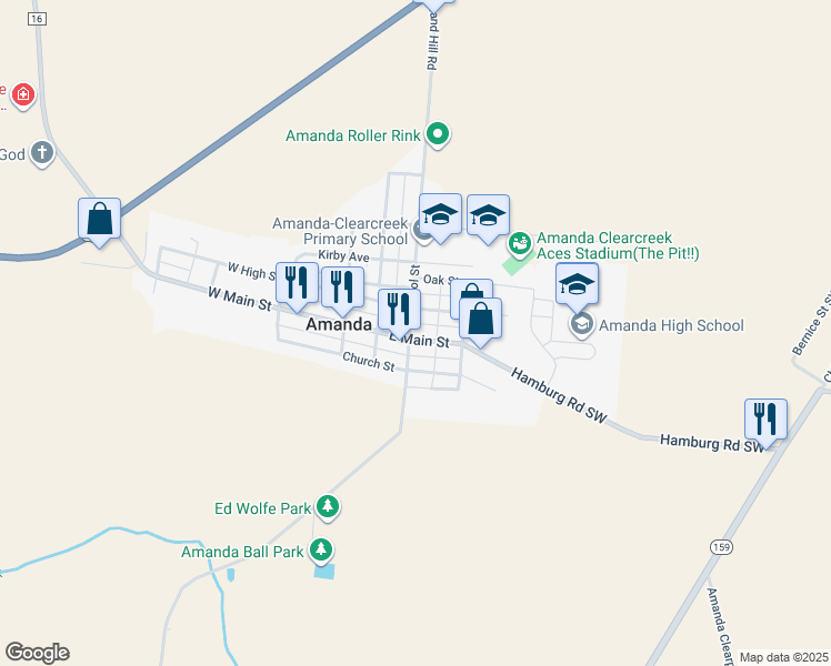 map of restaurants, bars, coffee shops, grocery stores, and more near 200 East Main Street in Amanda