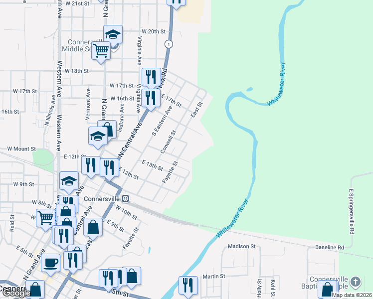 map of restaurants, bars, coffee shops, grocery stores, and more near 1420 Fayette Street in Connersville