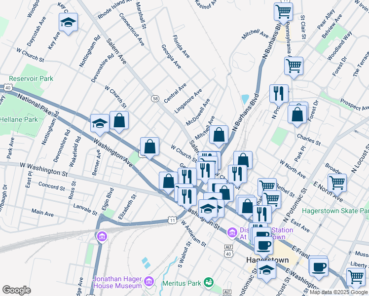 map of restaurants, bars, coffee shops, grocery stores, and more near 210 James Street in Hagerstown