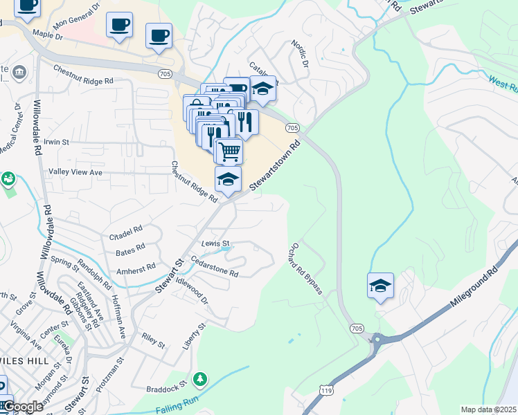 map of restaurants, bars, coffee shops, grocery stores, and more near 135 School Street in Morgantown