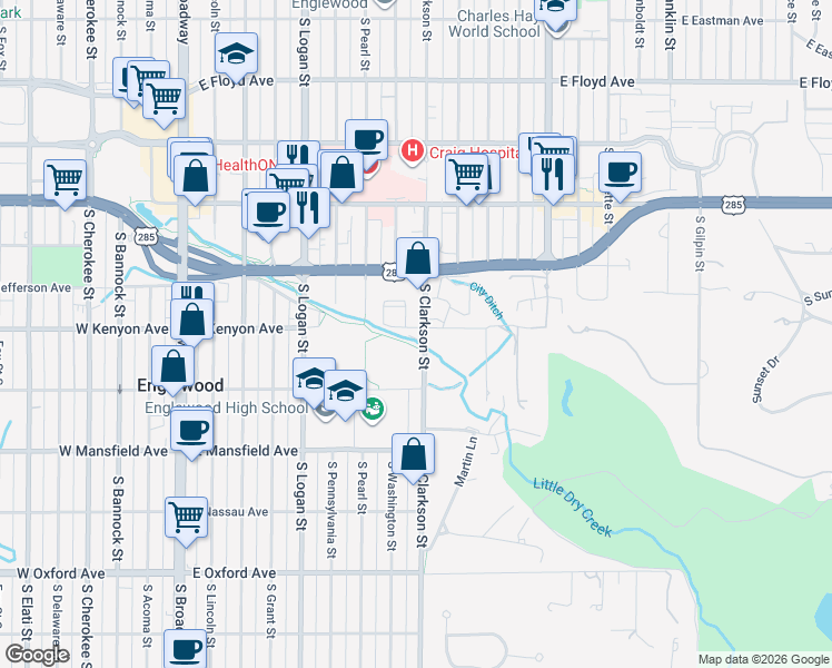 map of restaurants, bars, coffee shops, grocery stores, and more near 777 East Kenyon Avenue in Englewood