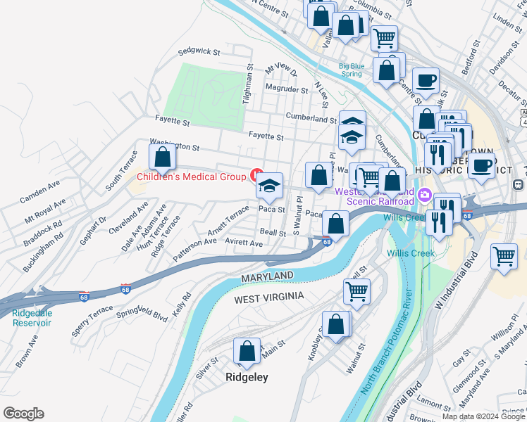 map of restaurants, bars, coffee shops, grocery stores, and more near 420 Paca Street in Cumberland