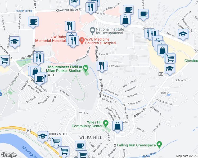 map of restaurants, bars, coffee shops, grocery stores, and more near 877 Willowdale Road in Morgantown