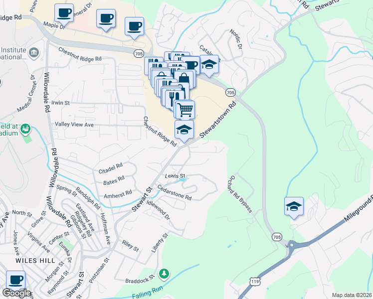 map of restaurants, bars, coffee shops, grocery stores, and more near 1000 Stewartstown Road in Morgantown