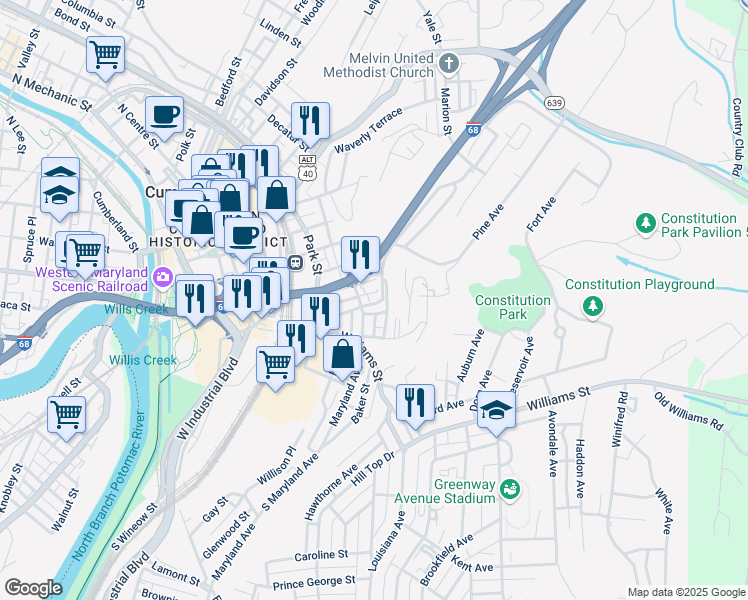 map of restaurants, bars, coffee shops, grocery stores, and more near 310 Cecelia Street in Cumberland