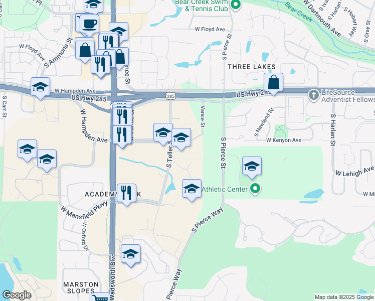 map of restaurants, bars, coffee shops, grocery stores, and more near 7110 West Jefferson Avenue in Lakewood