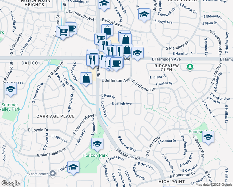 map of restaurants, bars, coffee shops, grocery stores, and more near 3675 South Argonne Street in Aurora
