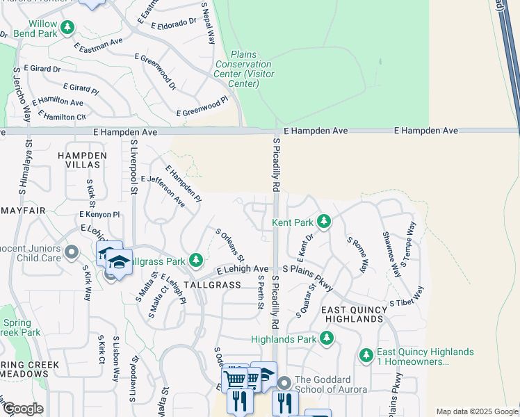 map of restaurants, bars, coffee shops, grocery stores, and more near 3631 South Perth Circle in Aurora