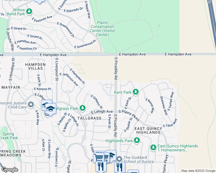 map of restaurants, bars, coffee shops, grocery stores, and more near 3631 South Perth Circle in Aurora