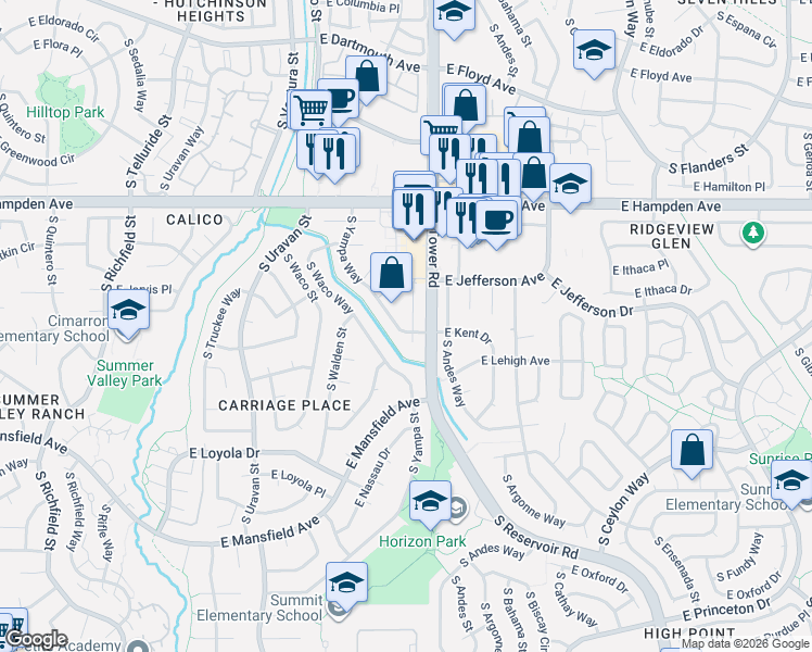 map of restaurants, bars, coffee shops, grocery stores, and more near 3691 South Zeno Way in Aurora