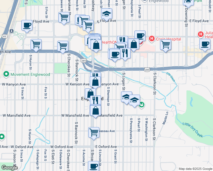 map of restaurants, bars, coffee shops, grocery stores, and more near 211 East Kenyon Avenue in Englewood