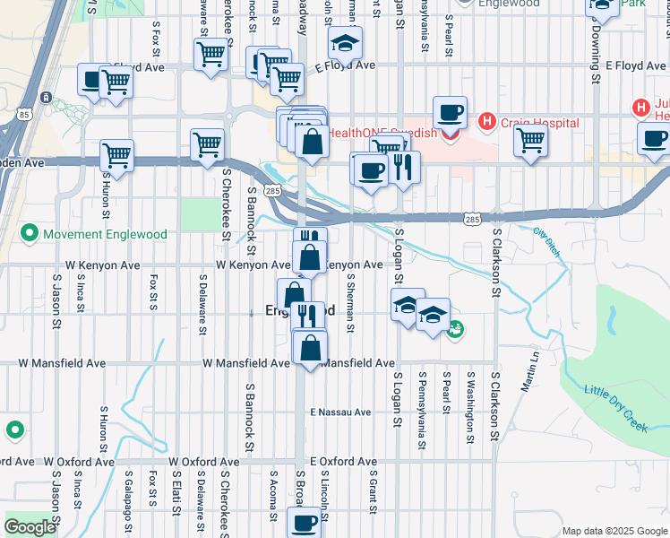 map of restaurants, bars, coffee shops, grocery stores, and more near 3687 South Lincoln Street in Englewood