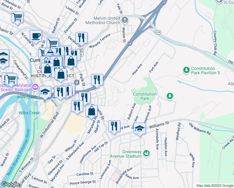 map of restaurants, bars, coffee shops, grocery stores, and more near 336 City View Terrace in Cumberland