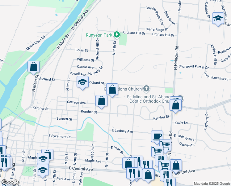 map of restaurants, bars, coffee shops, grocery stores, and more near 940 North 11th Street in Miamisburg