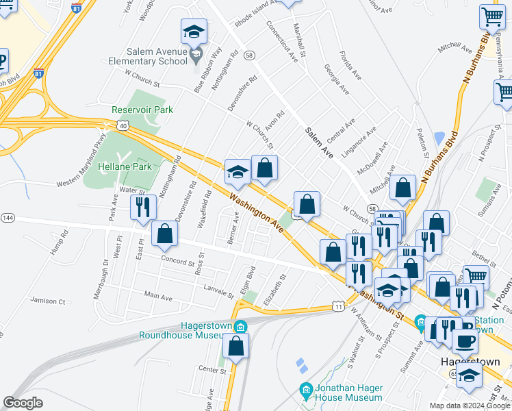 map of restaurants, bars, coffee shops, grocery stores, and more near 107 West Side Avenue in Hagerstown