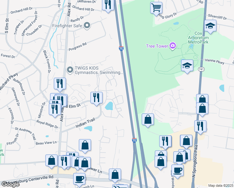 map of restaurants, bars, coffee shops, grocery stores, and more near 1107 Arrowhead Crossing in West Carrollton