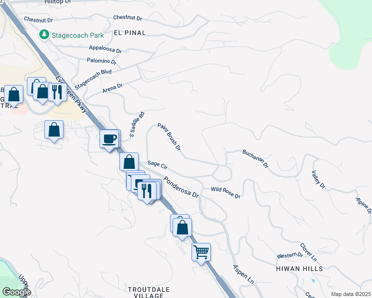 map of restaurants, bars, coffee shops, grocery stores, and more near 29663 Paint Brush Drive in Evergreen
