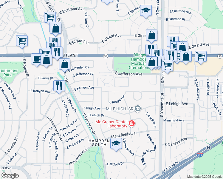 map of restaurants, bars, coffee shops, grocery stores, and more near 8299 East Kenyon Avenue in Denver