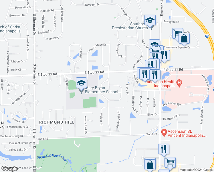 map of restaurants, bars, coffee shops, grocery stores, and more near 8106 Whitview Drive in Indianapolis