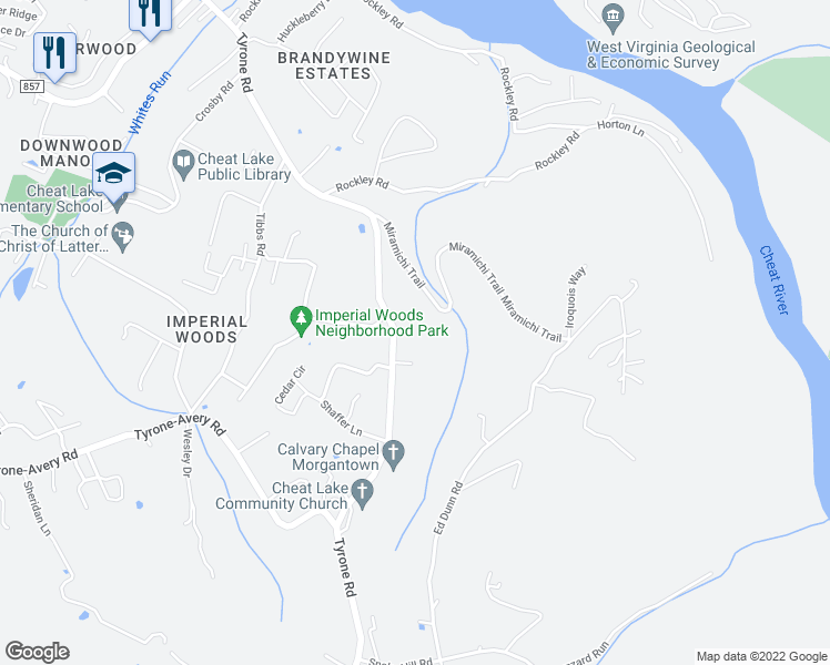map of restaurants, bars, coffee shops, grocery stores, and more near 365 Tyrone Road in Morgantown
