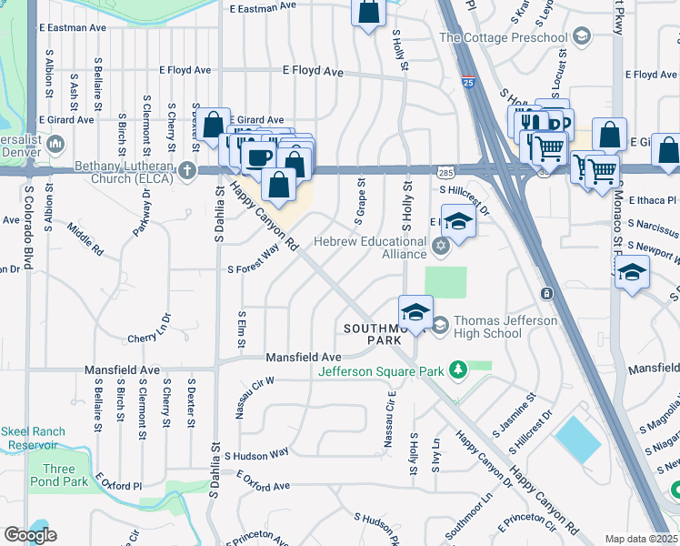 map of restaurants, bars, coffee shops, grocery stores, and more near 3682 South Grape Street in Denver