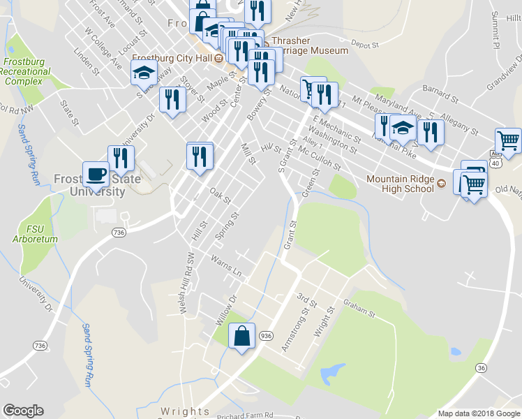 map of restaurants, bars, coffee shops, grocery stores, and more near 64 Spring Street in Frostburg