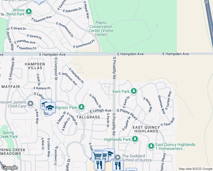 map of restaurants, bars, coffee shops, grocery stores, and more near 3631 South Perth Circle in Aurora