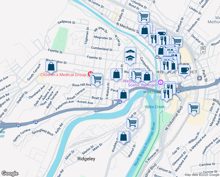 map of restaurants, bars, coffee shops, grocery stores, and more near 311 Paca Street in Cumberland