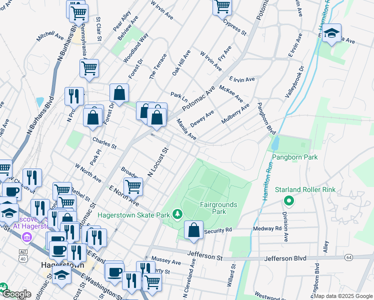 map of restaurants, bars, coffee shops, grocery stores, and more near 140 Fairground Avenue in Hagerstown