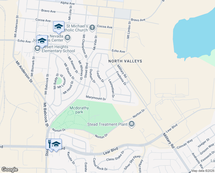 map of restaurants, bars, coffee shops, grocery stores, and more near 14436 Leiden Drive in Reno