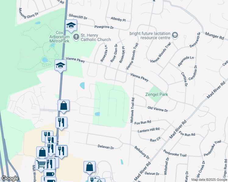 map of restaurants, bars, coffee shops, grocery stores, and more near 2590 Vienna Estates Drive in Dayton