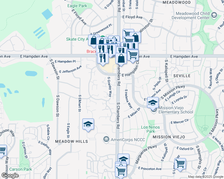 map of restaurants, bars, coffee shops, grocery stores, and more near 3700 South Granby Way in Aurora