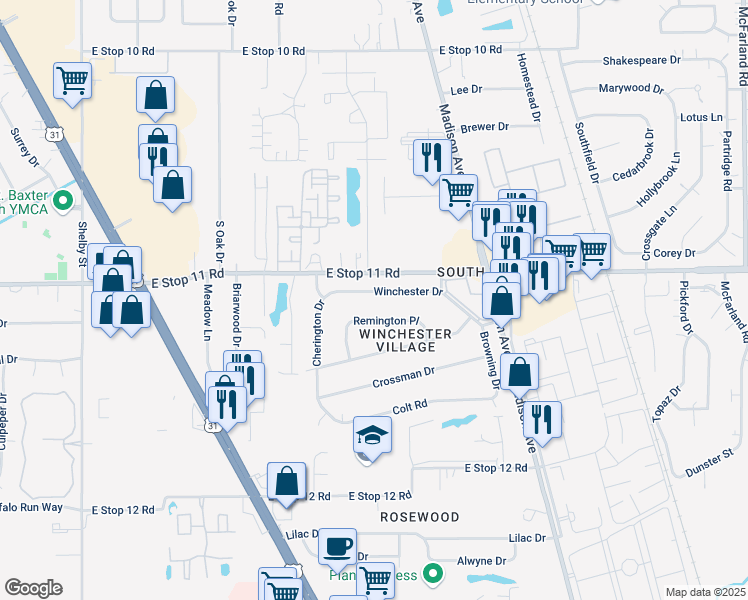 map of restaurants, bars, coffee shops, grocery stores, and more near 1841 Winchester Drive in Indianapolis