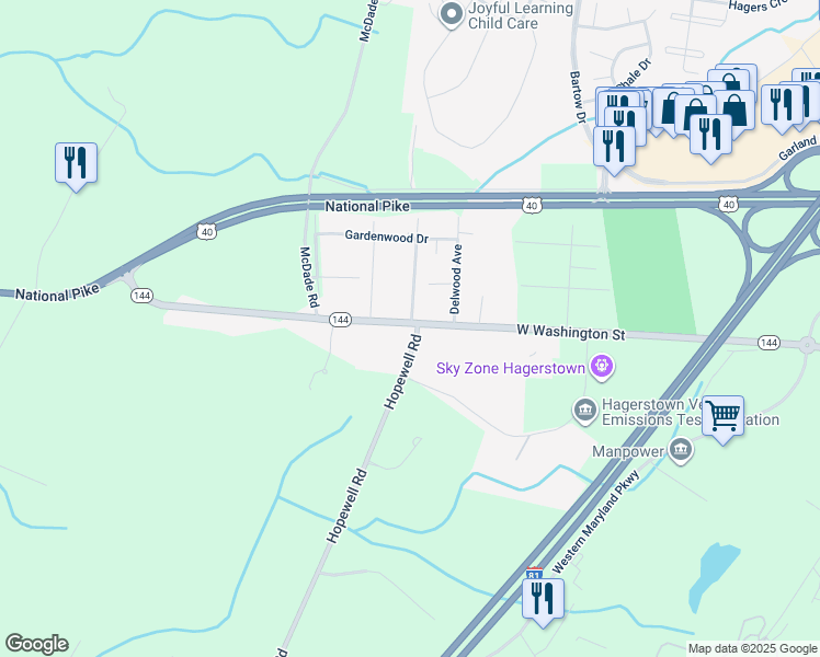 map of restaurants, bars, coffee shops, grocery stores, and more near 17341 West Washington Street in Hagerstown