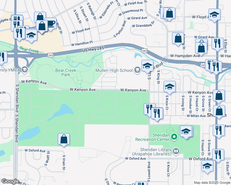 map of restaurants, bars, coffee shops, grocery stores, and more near 46 Omaha Drive in Denver
