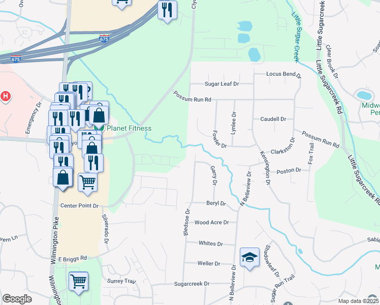 map of restaurants, bars, coffee shops, grocery stores, and more near 1641 Bledsoe Drive in Bellbrook