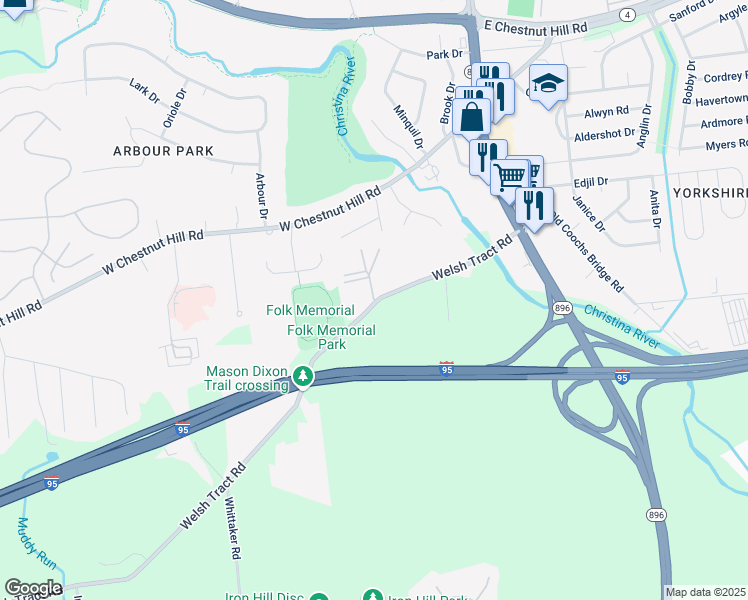 map of restaurants, bars, coffee shops, grocery stores, and more near 72 Welsh Tract Road in Newark