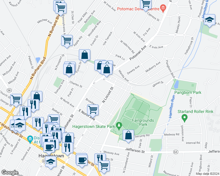 map of restaurants, bars, coffee shops, grocery stores, and more near 637 North Locust Street in Hagerstown