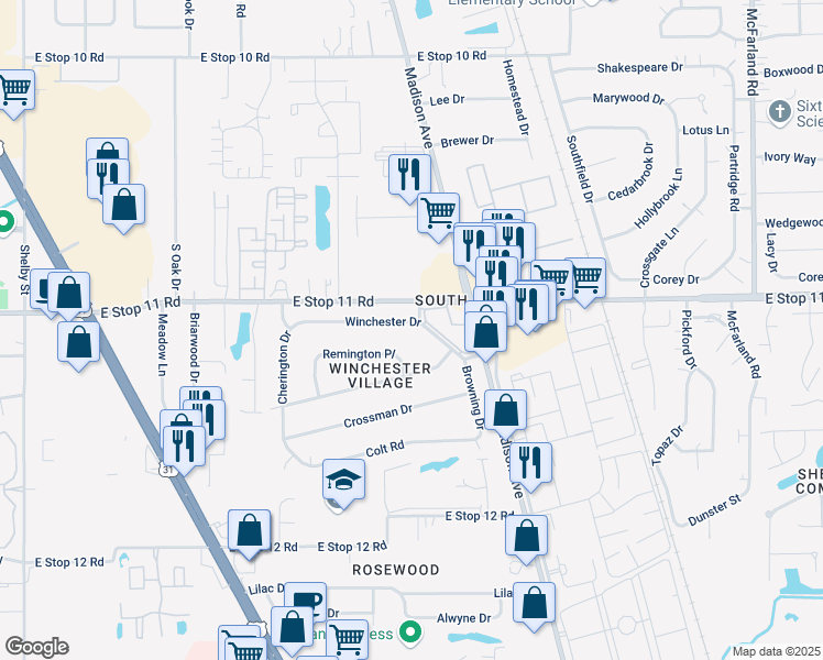 map of restaurants, bars, coffee shops, grocery stores, and more near 2025 Winchester Drive in Indianapolis
