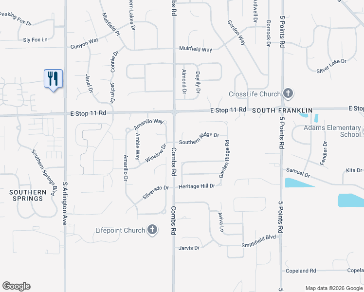 map of restaurants, bars, coffee shops, grocery stores, and more near 6521 Southern Ridge Drive in Indianapolis