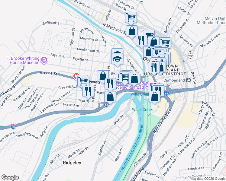 map of restaurants, bars, coffee shops, grocery stores, and more near 119 South Smallwood Street in Cumberland